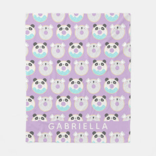 Panda Koala Kawaii Donut Pattern Personalized Name Fleece Blanket