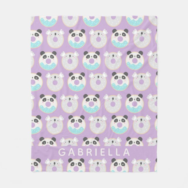 Panda Koala Kawaii Donut Pattern Personalized Name Fleece Blanket (Front)