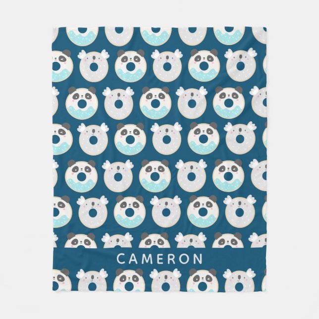 Panda Koala Kawaii Donuts Blue Personalized Name Fleece Blanket (Front)