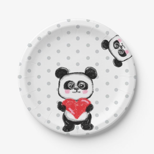 panda love, kawaii, pastel paper plates (Front)