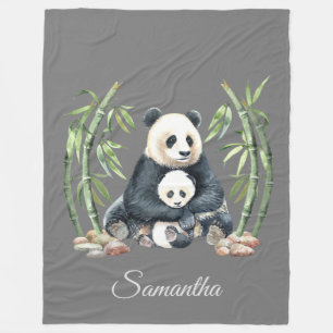 Panda Mama and Baby Personalized Gray Fleece Blanket