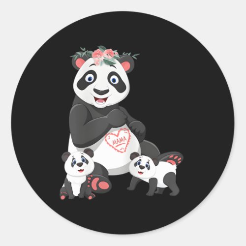 Panda Mama Bear Two Cubs Floral Love Classic Round Sticker
