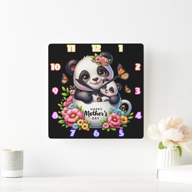 Panda Mom: Cub, Flowers, Mother's Day Square Wall Clock (Home)