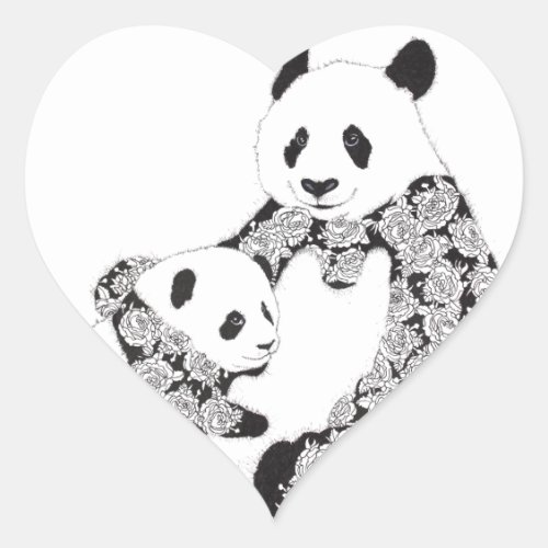 Panda Mother  Baby Cub Heart Sticker