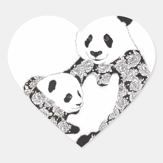 Panda Mother & Baby Cub Heart Sticker (Front)