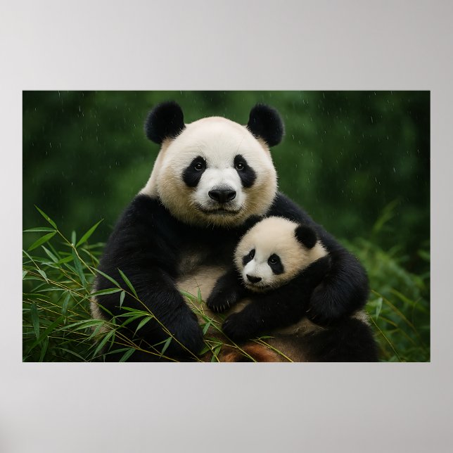 Panda Mother & Cub in Gentle Rain Poster (Front)
