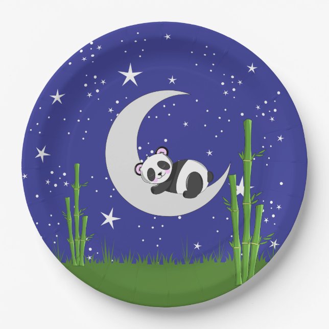 Panda New Baby on Moon Paper Plates (Front)