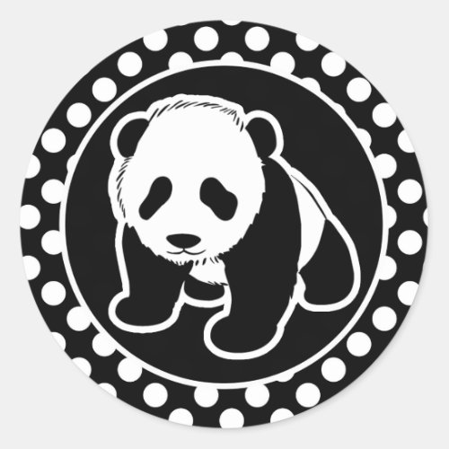 Panda on Black and White Polka Dots Classic Round Sticker