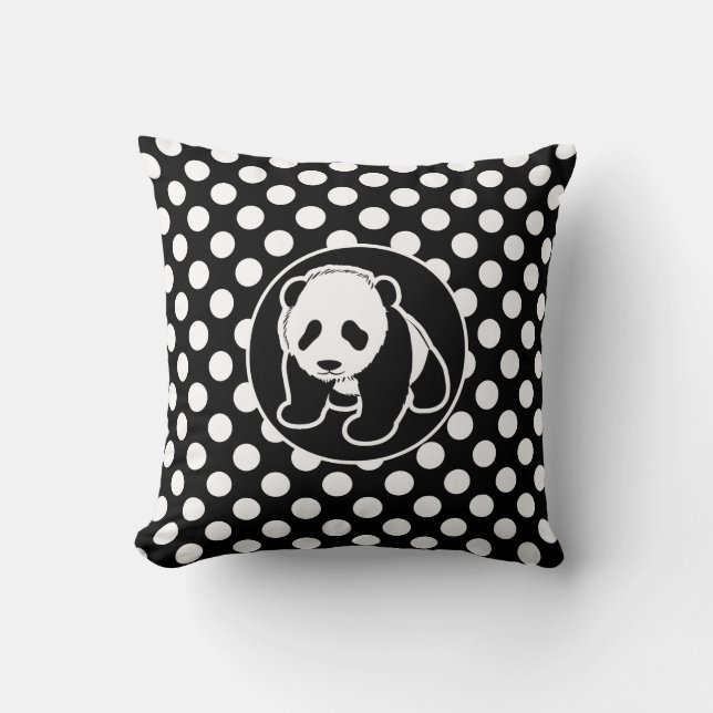 Panda on Black and White Polka Dots Throw Pillow (Front)