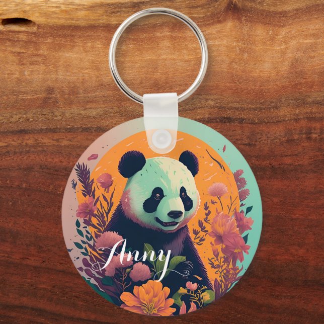 Panda on sunset with flowers, floral keychain (Front)