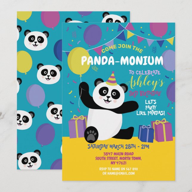 Panda Party Birthday Panda-monium Teal Invitation (Front/Back)