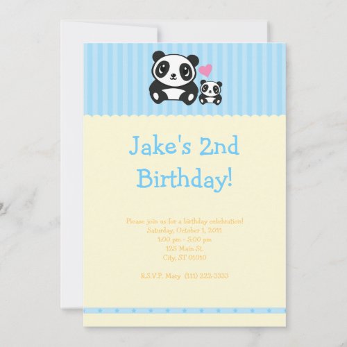 Panda Party Invitation - Blue &amp; Cream