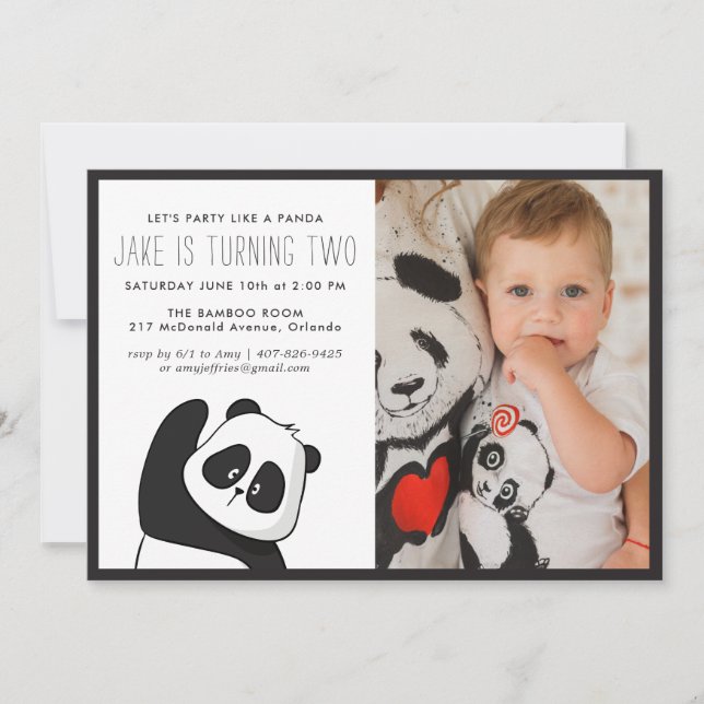 Panda Party | Monochrome & Photo Invitation (Front)