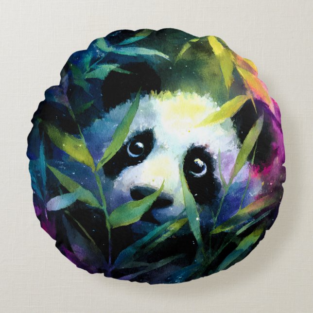 Panda Peeking Bamboo Watercolor Round Pillow (Front)