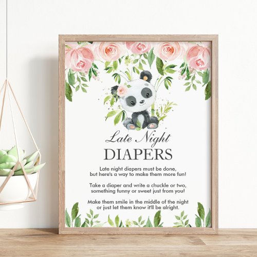 Panda Pink Floral Late Night Diaper Baby Shower  Poster