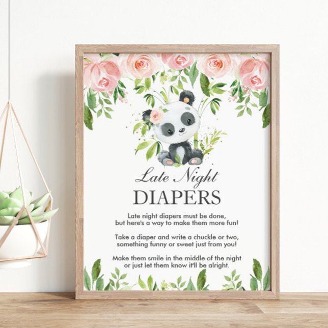 Panda Pink Floral Late Night Diaper Baby Shower  Poster (Creator Uploaded)