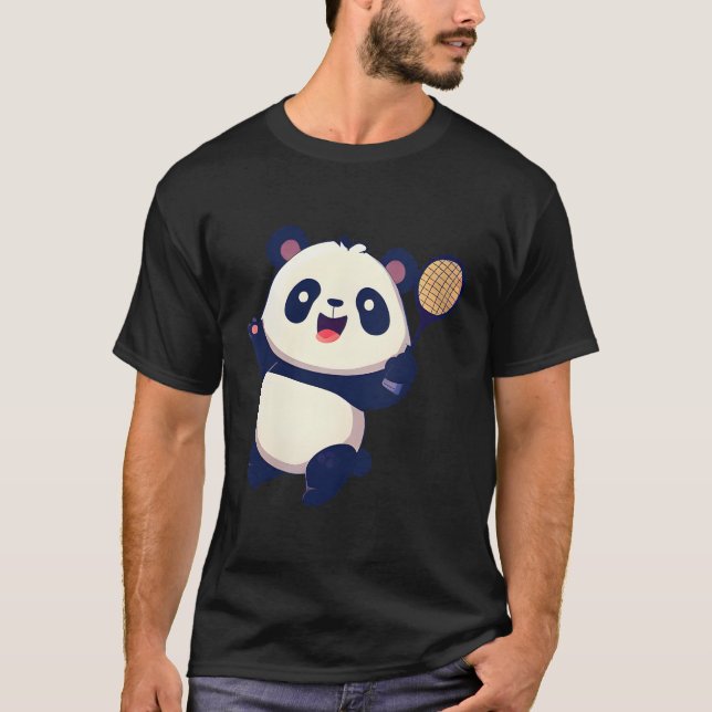 Panda Playing Tennis Badminton T-Shirt (Front)