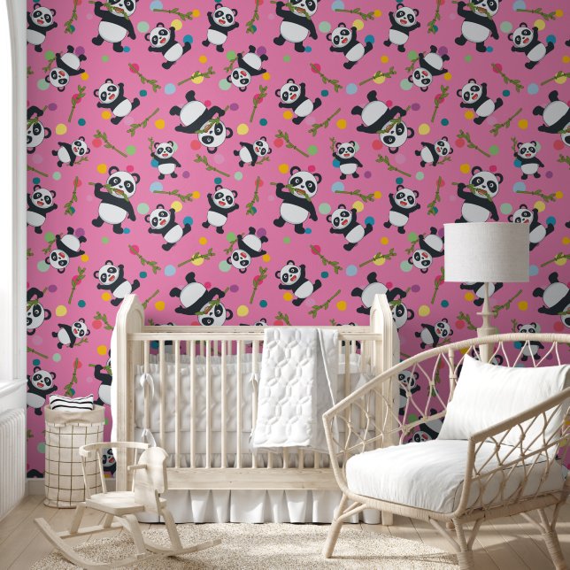 Panda polka dot kids pink peel and stick wallpaper  (Kids)