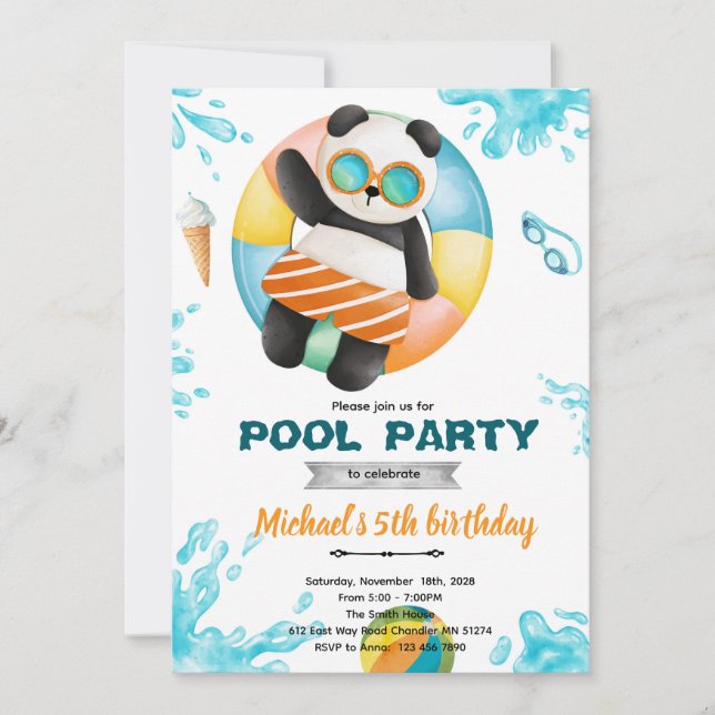 Panda Pool Party Birthday Invitation (Front)