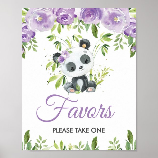 Panda Purple Floral Greenery Bamboo Favors Sign (Front)