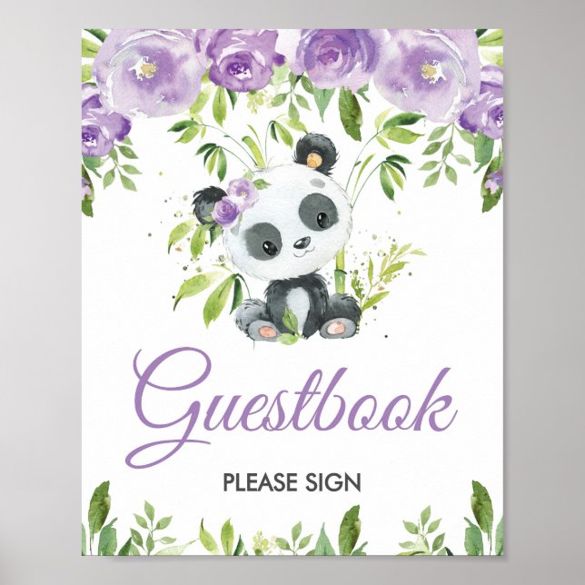 Panda Purple Floral Greenery Bamboo Guestbook Sign (Front)