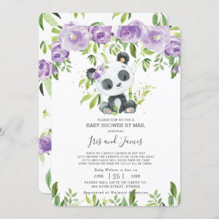 Panda Purple Floral Virtual Baby Shower by Mail Invitation