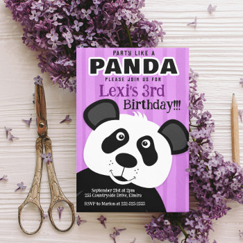Panda Purple Girl Party Like A Panda Bear Birthday Invitation by allpetscherished at Zazzle