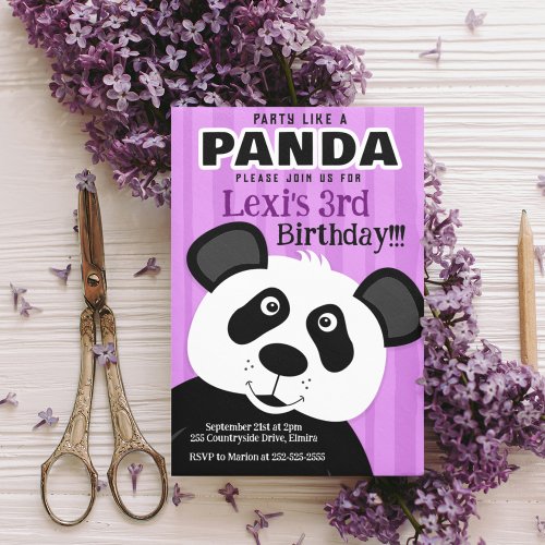 Panda Purple Girl Party Like a Panda Bear Birthday Invitation