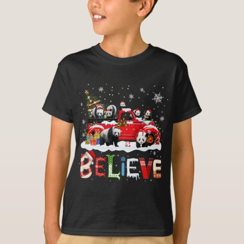 Panda Riding Red Truck Christmas Tree Believe Sant T_Shirt