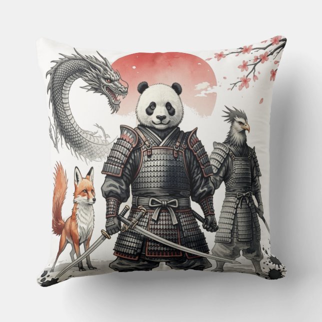 Panda Samurai & Mythical Warriors Fantasy Art Throw Pillow (Back)
