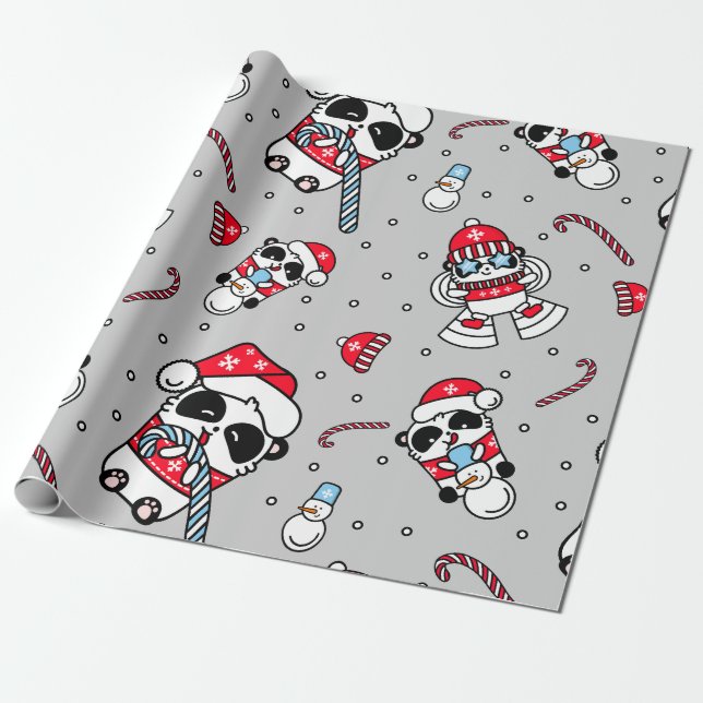 Panda Santa Bears with Snowflakes Wrapping Paper (Unrolled)