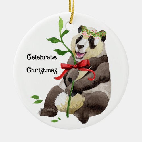 Panda Sitting with a Wreath on his Head  Bow Cera Ceramic Ornament