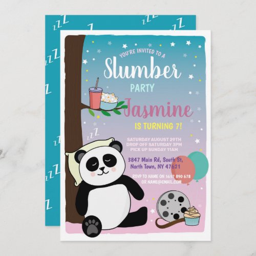 Panda Slumber Party Birthday Cute Movies Popcorn Invitation