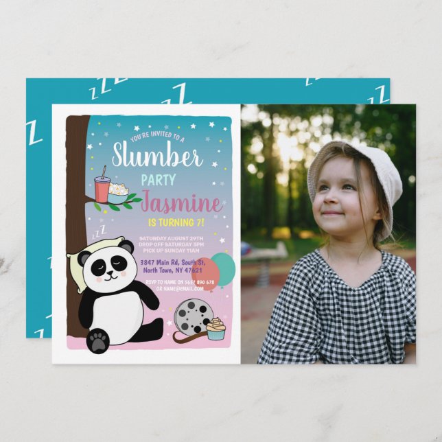 Panda Slumber Party Birthday Movies Popcorn Photo Invitation (Front/Back)