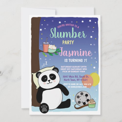 Panda Slumber Party Birthday Teal Movies Popcorn Invitation