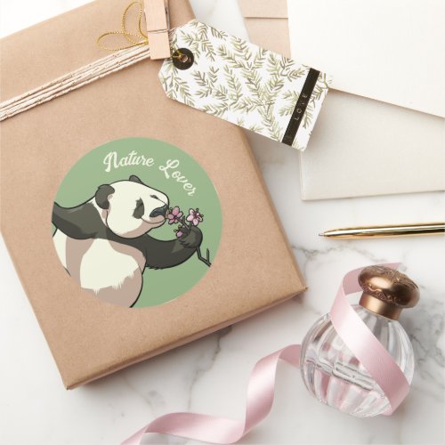 Panda Smelling Blossom Nature Lover Cartoon Classic Round Sticker
