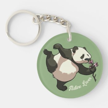 Panda Smelling Blossom Nature Lover Cartoon Keychain by NoodleWings at Zazzle