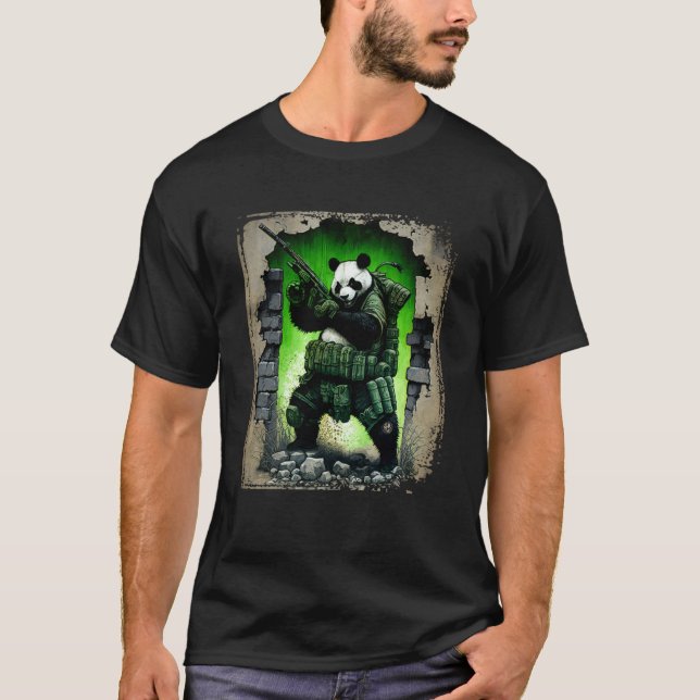 Panda Solider Smashing Through Bricks Wall Mural D T-Shirt (Front)
