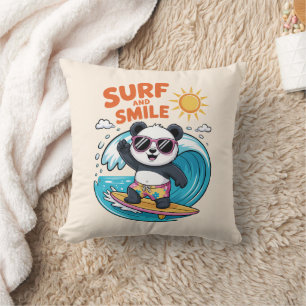 Panda Surf Smile Child Summer Throw Pillow