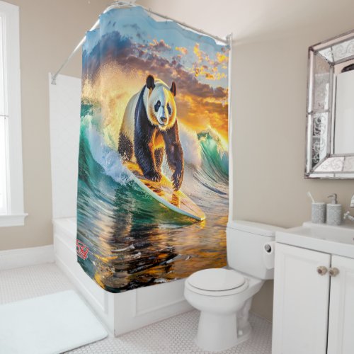 Panda Surfing At Sunset Design By Rich AMeN Gill Shower Curtain