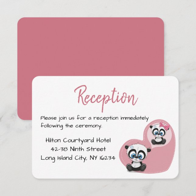 Panda Teddy Bear Pink Heart Wedding Reception Invitation (Front/Back)