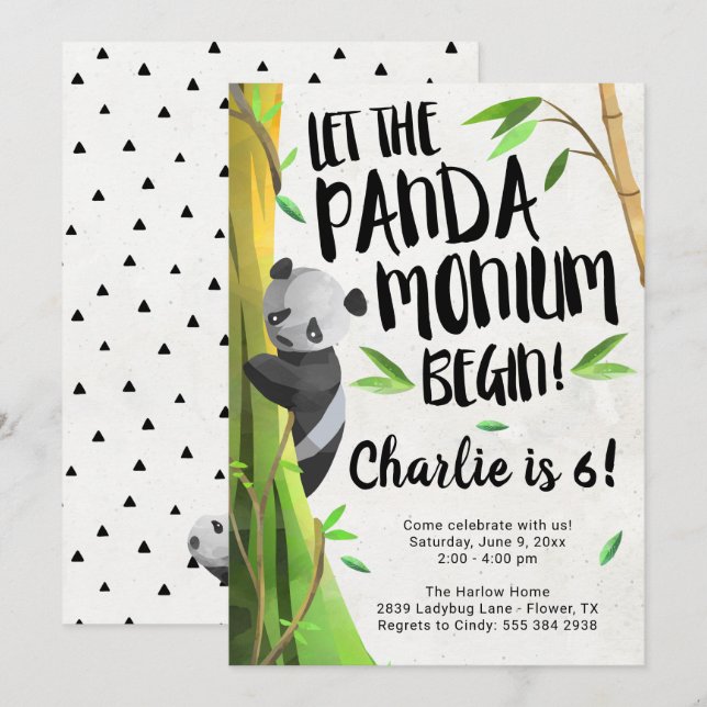 Panda Themed Birthday Party Invitation (Front/Back)