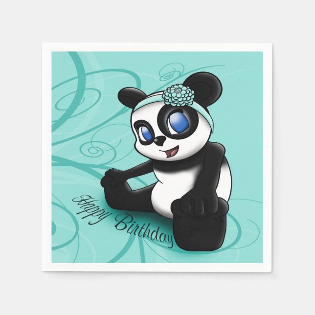 Panda Turquoise Birthday Paper Napkins (Front)