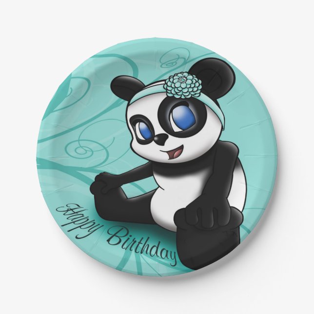 Panda Turquoise Birthday Paper Plates (Front)