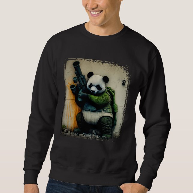 Panda Warrior Holding Rocket Launcher Distressed W Sweatshirt (Front)