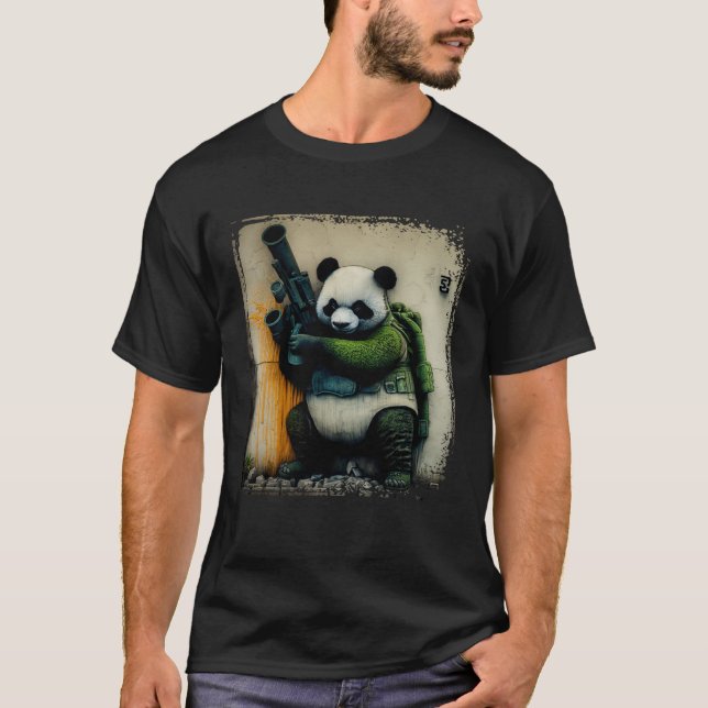 Panda Warrior Holding Rocket Launcher Distressed W T-Shirt (Front)