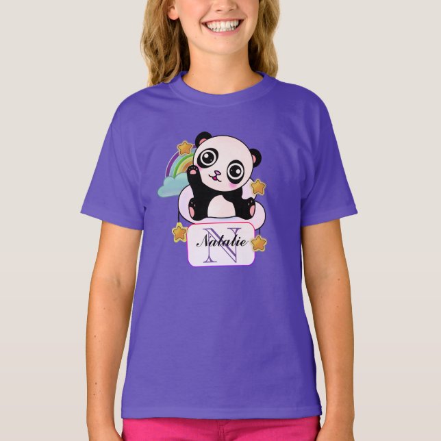 Panda waving Golden Stars on Rainbow Clouds T-Shirt (Front)