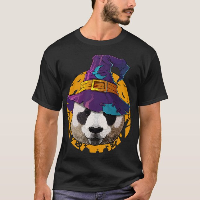 Panda Witch Funny Halloween Costume Creepy Moon T-Shirt (Front)