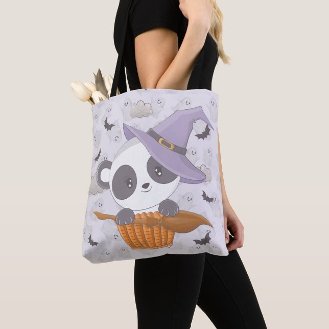 Panda Witch Purple Witches Hat Ghosts Halloween Tote Bag (Close Up)
