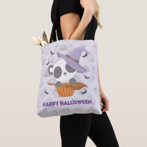 Panda Witch Purple Witches Hat Ghosts Halloween Tote Bag